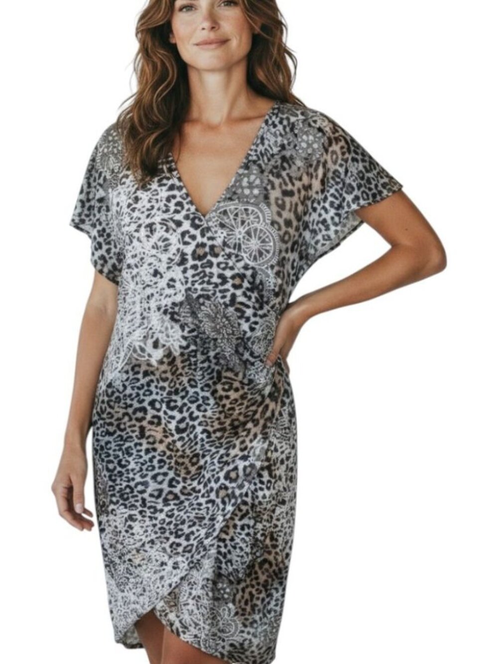 Joseph Ribkoff Y2K Faux Wrap Dress Animal Print Mix Ruched Sexy Party Size 18